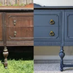 Before and after furniture stripping and refinishing comparison showing restored wood finish